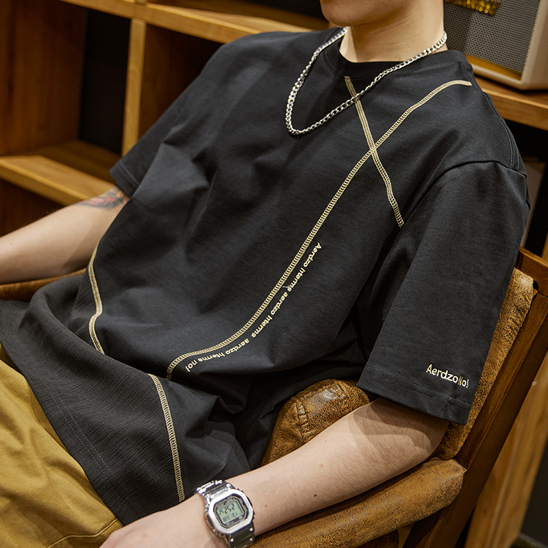 オーバーサイズTシャツ メンズ幾何学ライン装飾ゆったり半袖