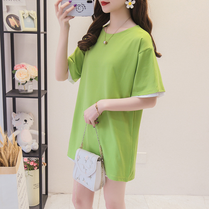 オーバーサイズTシャツ レディース配色袖口シンプルゆったりチュニック丈半袖トップス