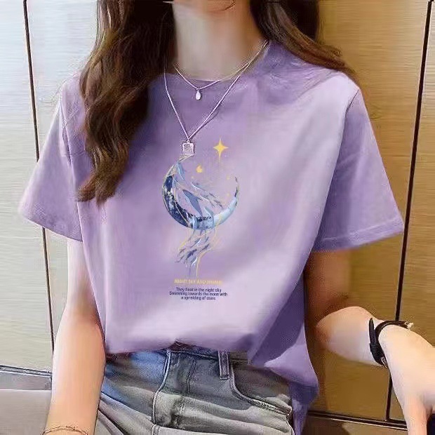 オーバーサイズTシャツレディース 月と星空デザインゆったりシルエット半袖トップス