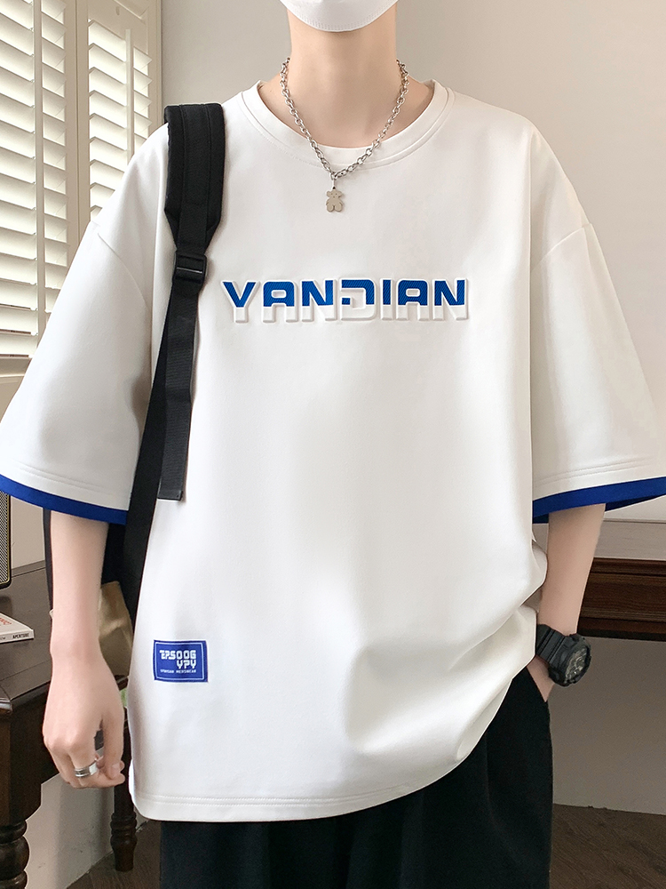 オーバーサイズTシャツ 立体ロゴ入り五分袖ゆったりシャツ
