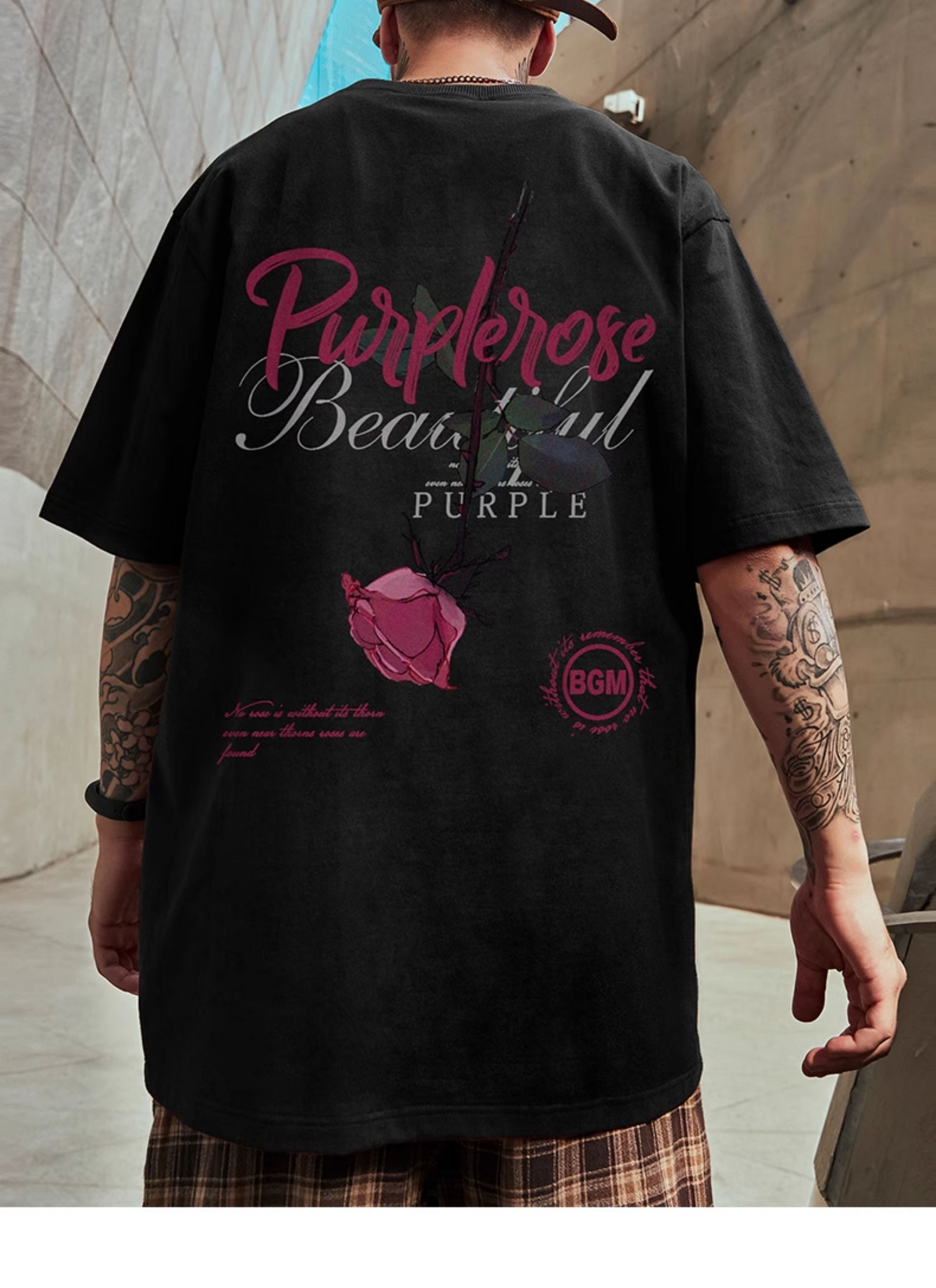 オーバーサイズTシャツ 紫薔薇モチーフ オーバーサイズ半袖