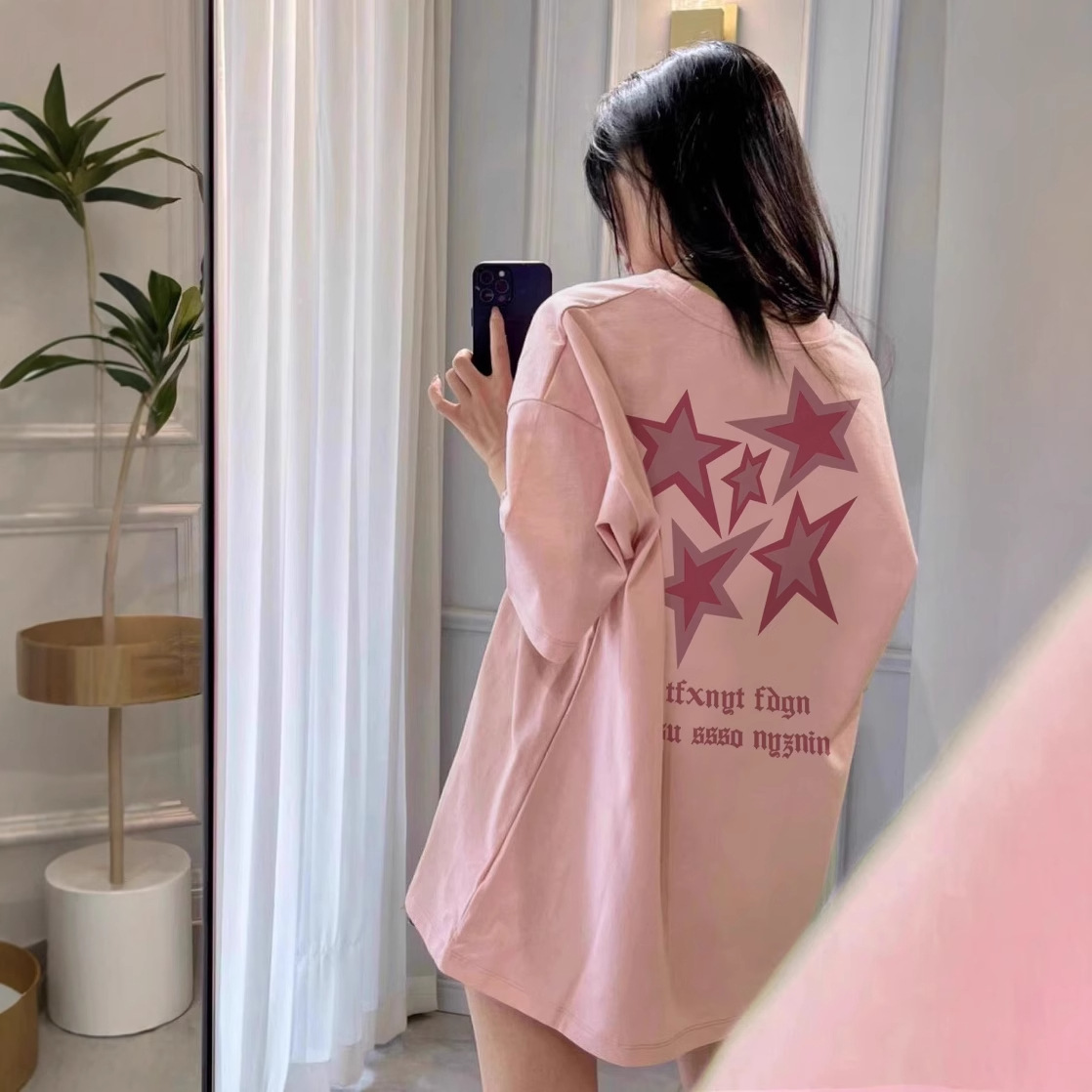 オーバーサイズTシャツ 星空プリント ゆったりロング丈トップス