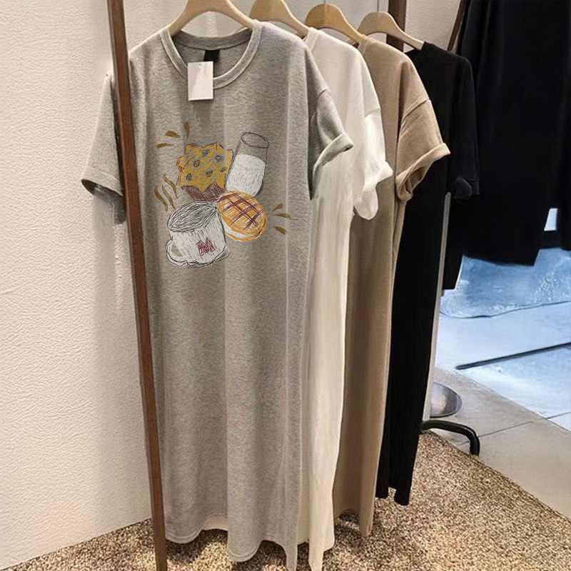 オーバーサイズTシャツ 朝食図案ロングワンピース