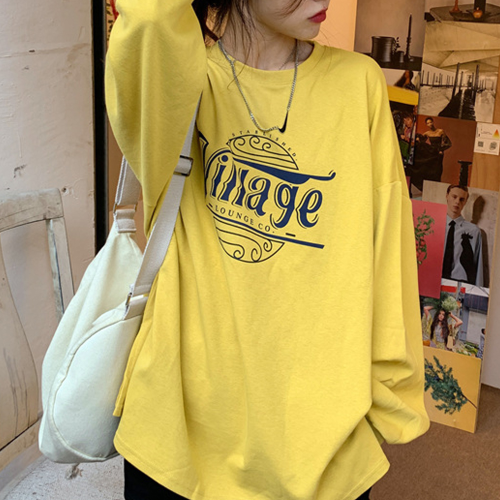 オーバーサイズTシャツ ヴィンテージロゴオーバーサイズ長袖Tシャツ韓国風