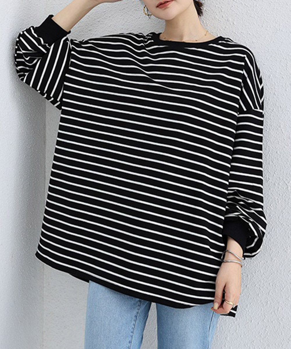 オーバーサイズTシャツ ゆったりボーダー長袖オーバーサイズ