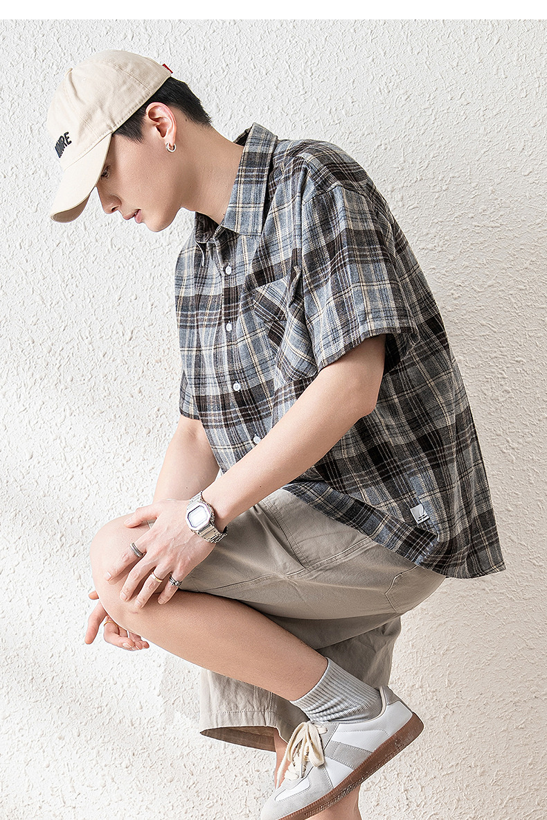 オーバーサイズTシャツ 格子柄ゆったり半袖シャツ