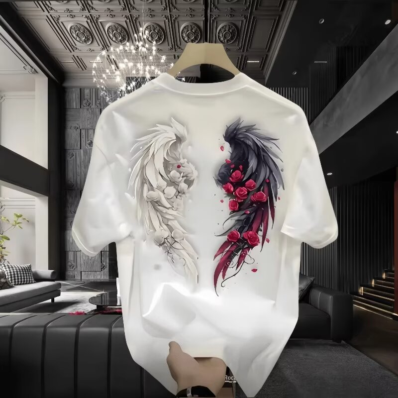 オーバーサイズTシャツメンズ 双龍と薔薇刺繍デザイン半袖丸首Tシャツ