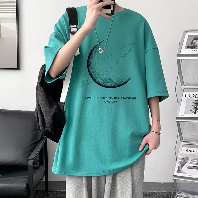 オーバーサイズTシャツ メンズ月と土星モチーフ宇宙デザイン半袖オーバーサイズティーシャツ