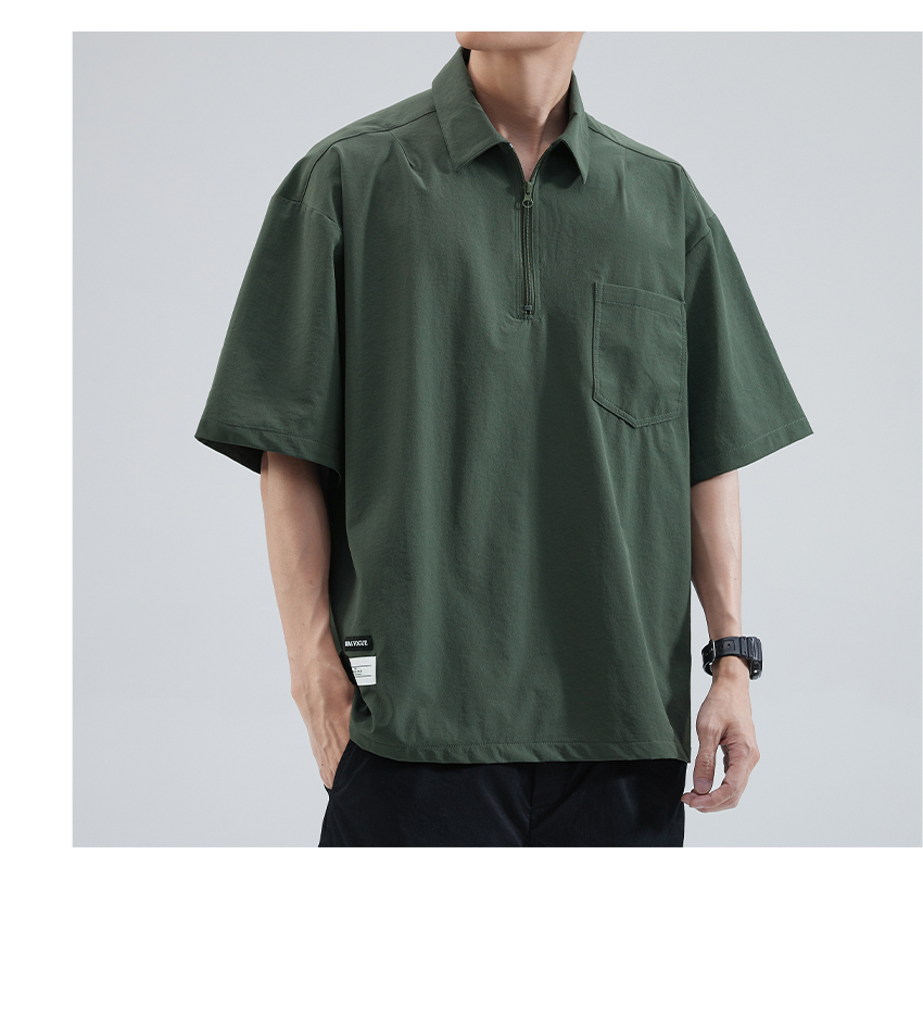オーバーサイズTシャツ ハーフジップ襟付きポケットシャツ