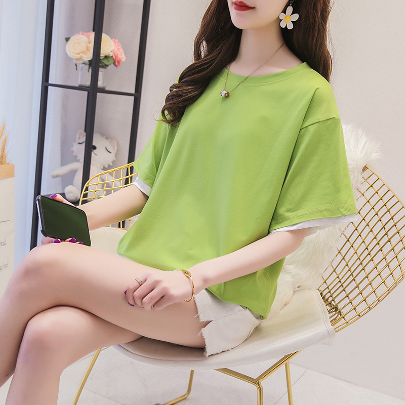 オーバーサイズTシャツ レディース配色袖口シンプルゆったりチュニック丈半袖トップス