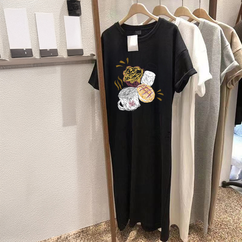 オーバーサイズTシャツ 朝食図案ロングワンピース