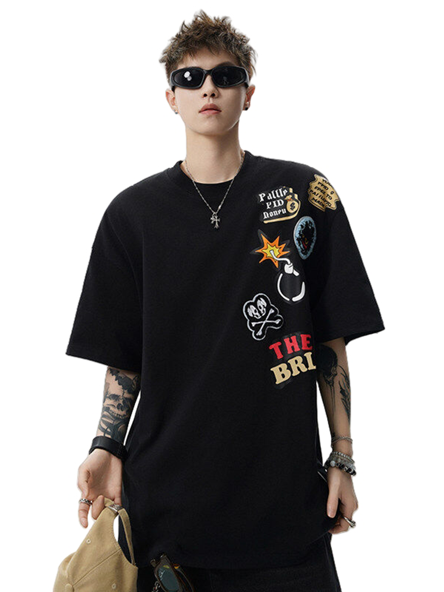 オーバーサイズTシャツ ストリートワッペン装飾ビッグシルエット