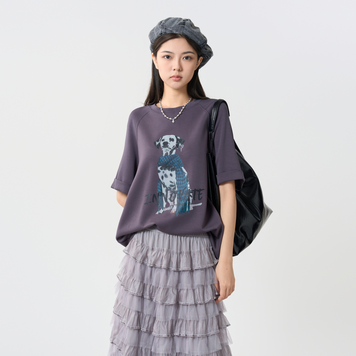 オーバーサイズTシャツ 愛らしい犬柄プリントゆったり半袖シャツ