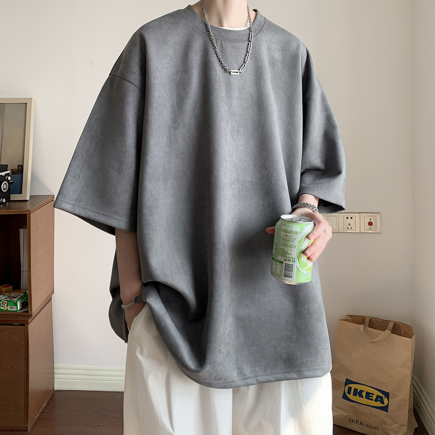 オーバーサイズTシャツ メンズゆったりシルエット 五分袖無地Tシャツ