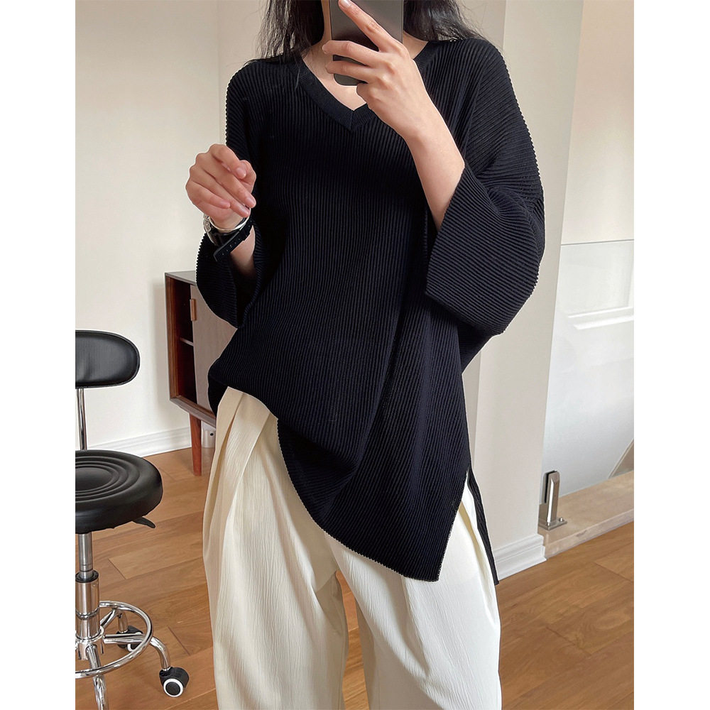 オーバーサイズTシャツ 立体リブ編みブイネックゆったりオーバーサイズニットトップス