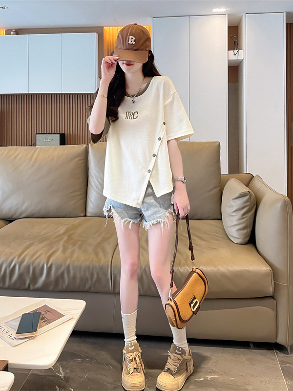 オーバーサイズTシャツ レディースレイヤード風ボタンデザインリブ編み半袖ゆったりトップス