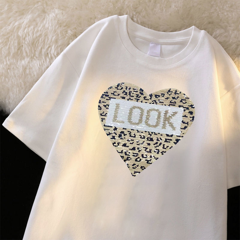 オーバーサイズTシャツレディース 豹柄ハートロゴプリント半袖