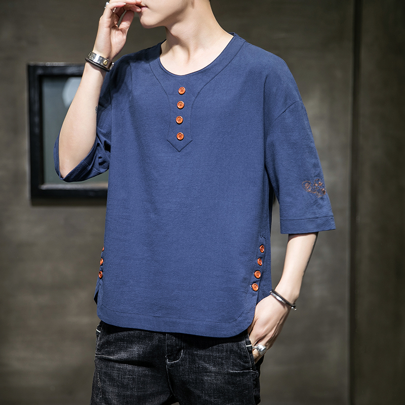 オーバーサイズTシャツ 木製ボタン付き七分袖リネン風Tシャツ