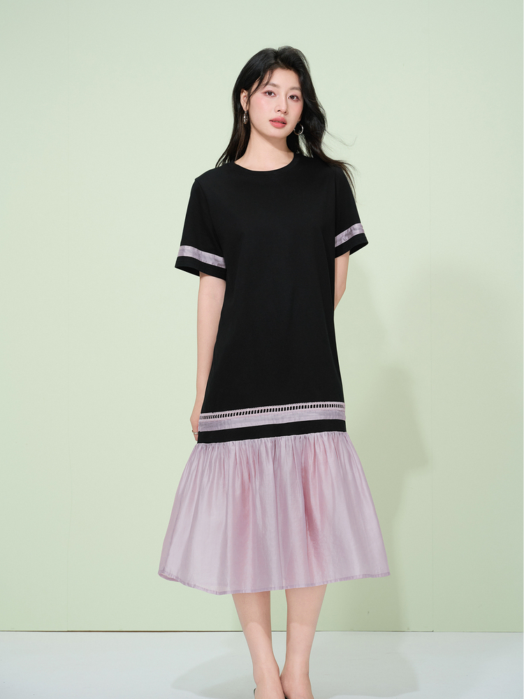 オーバーサイズTシャツ バイカラー切替裾フリルワンピース