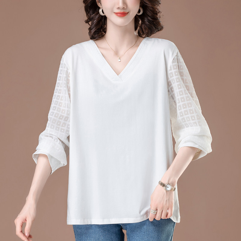 オーバーサイズTシャツ 透け感袖切替ブイネックゆったりトップス