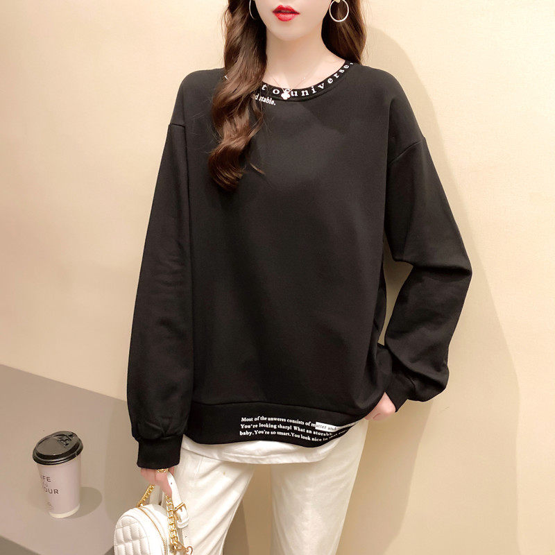 オーバーサイズTシャツ レイヤード風ロゴ刺繍付き重ね着風長袖トップス