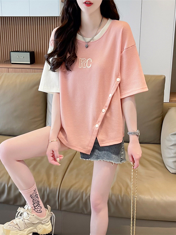 オーバーサイズTシャツ レディースレイヤード風ボタンデザインリブ編み半袖ゆったりトップス