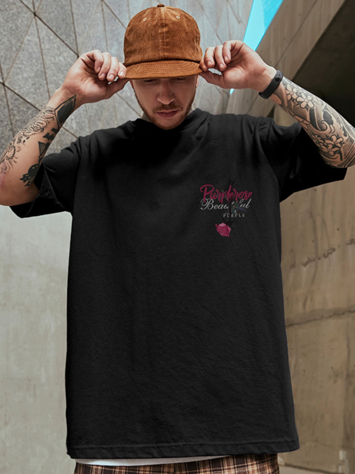オーバーサイズTシャツ 紫薔薇モチーフ オーバーサイズ半袖