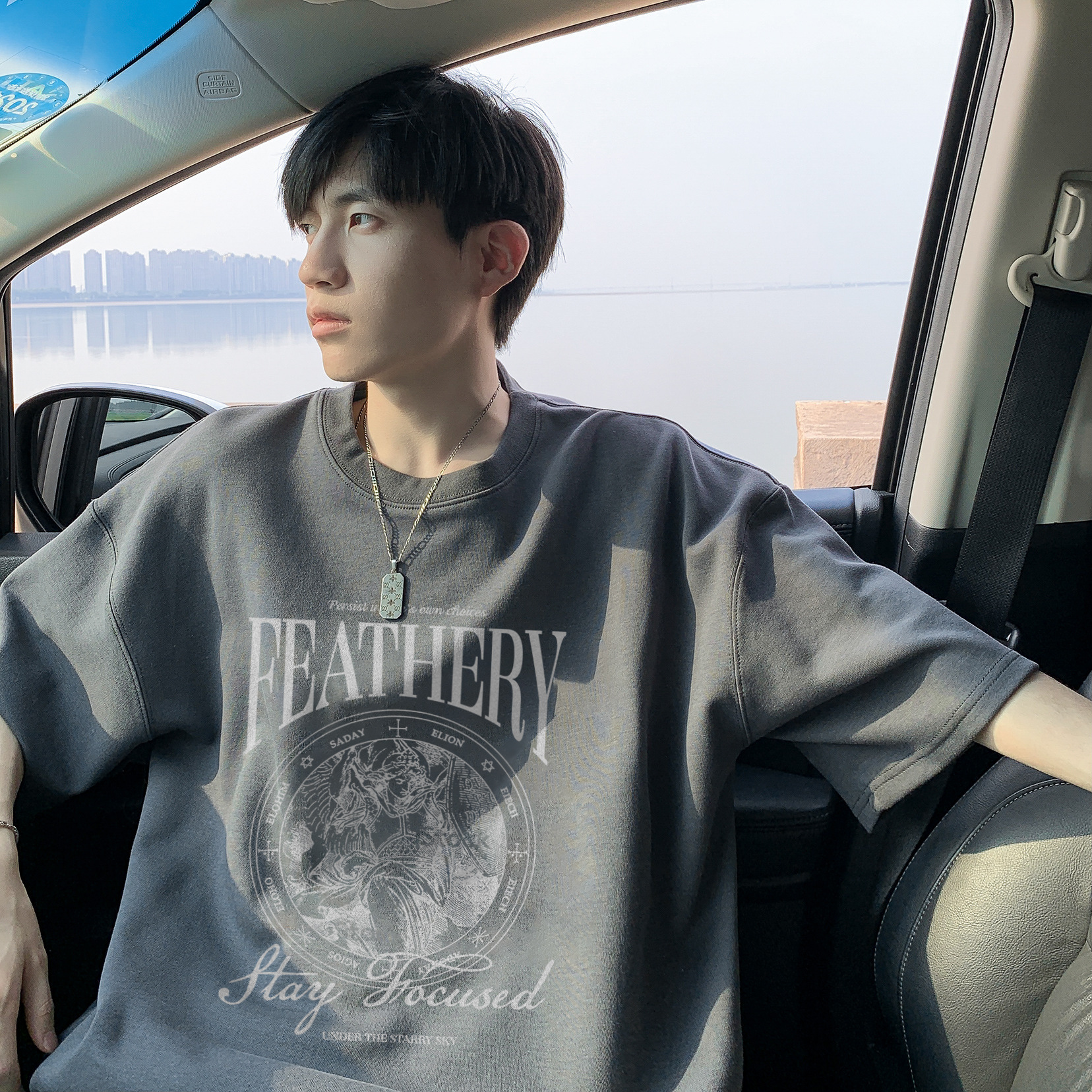 オーバーサイズTシャツ メンズ天使モチーフプリント五分袖ゆったり半袖トップス