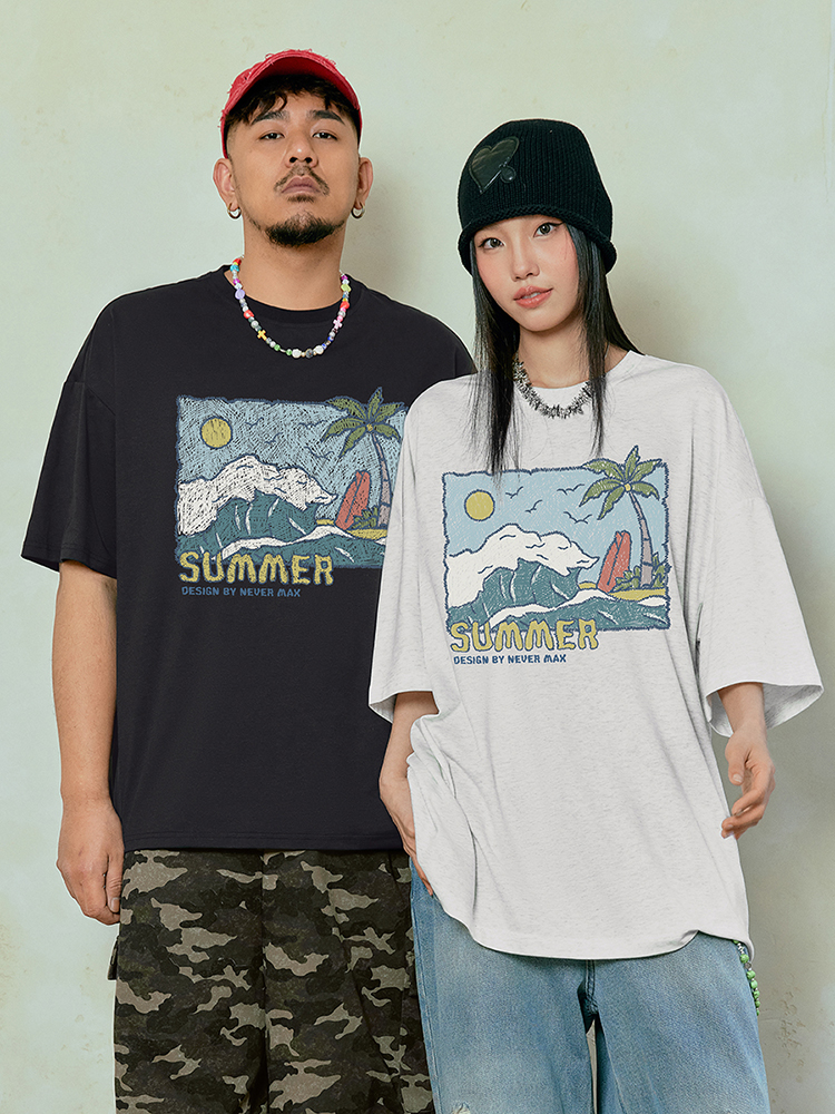 オーバーサイズTシャツ 南国ビーチ ゆったりプリント半袖