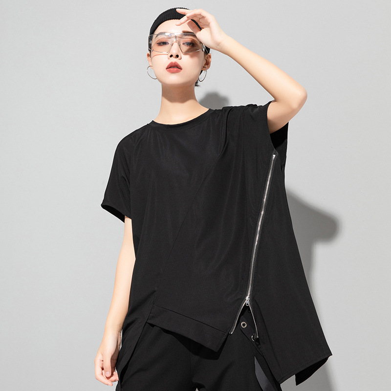 オーバーサイズTシャツ レディースサイドジップデザイン ゆったりTシャツ