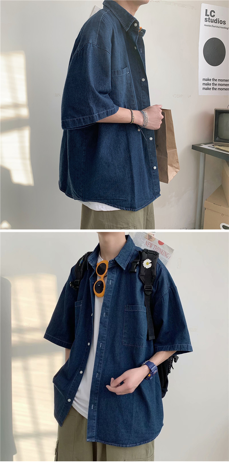 オーバーサイズTシャツ デニム風ゆったり半袖シャツ