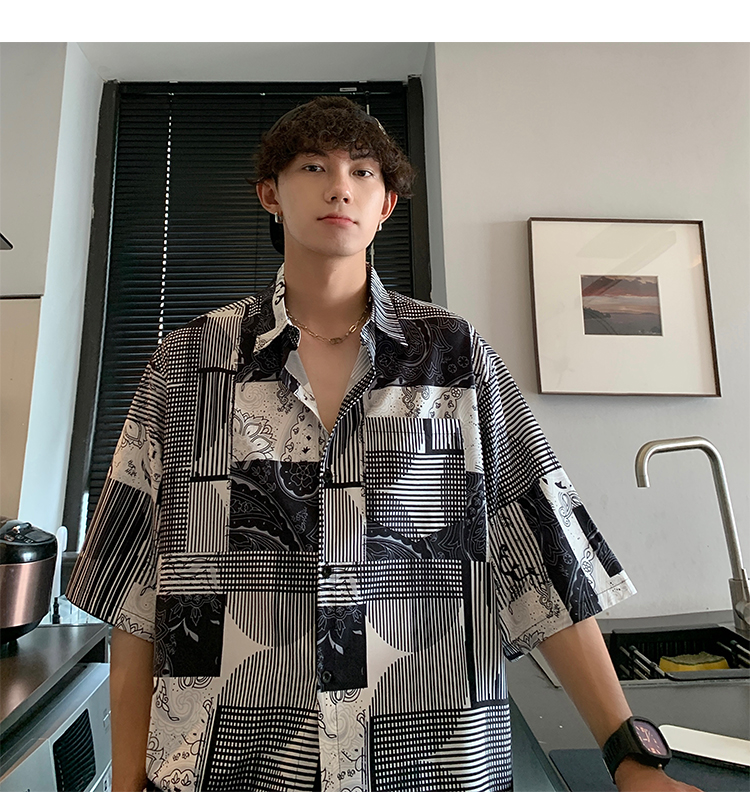 オーバーサイズTシャツ パッチワーク柄開襟半袖シャツ