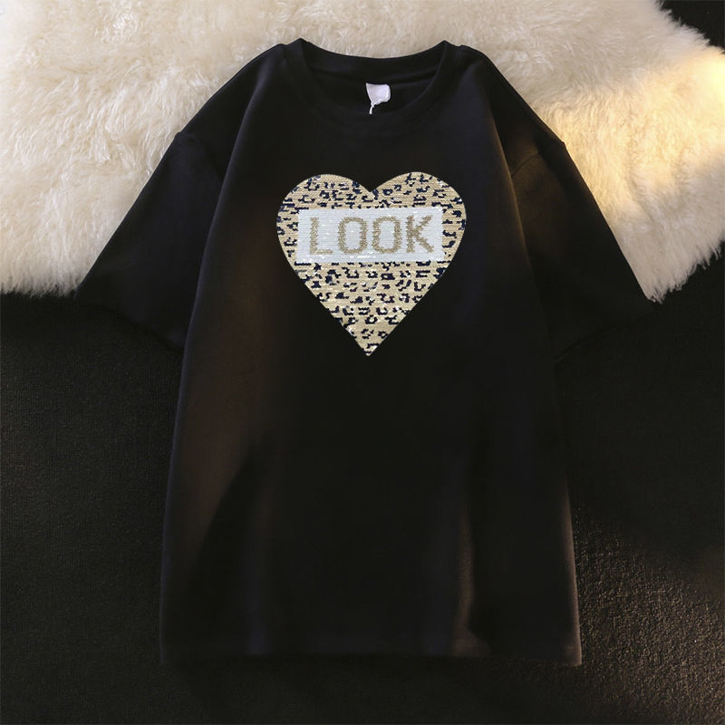 オーバーサイズTシャツレディース 豹柄ハートロゴプリント半袖