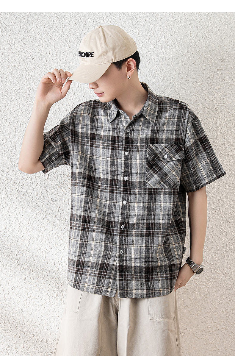 オーバーサイズTシャツ 格子柄ゆったり半袖シャツ