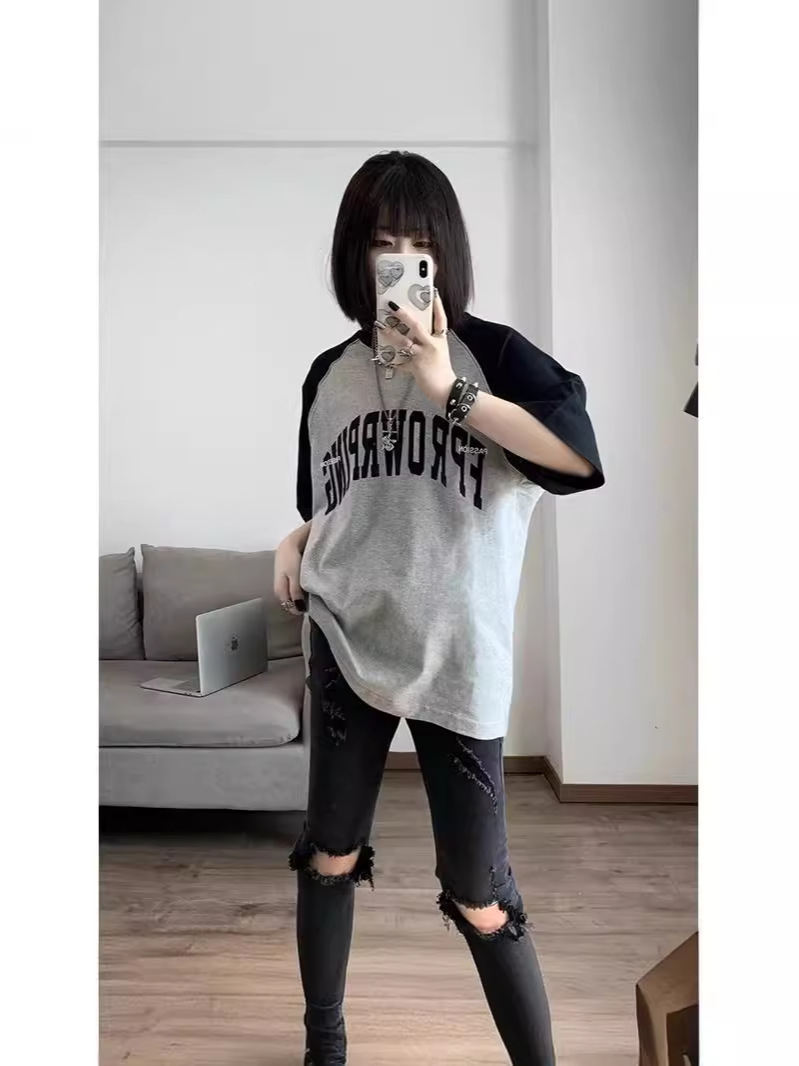 オーバーサイズTシャツ 切替配色ロゴプリント半袖ゆったりトップス