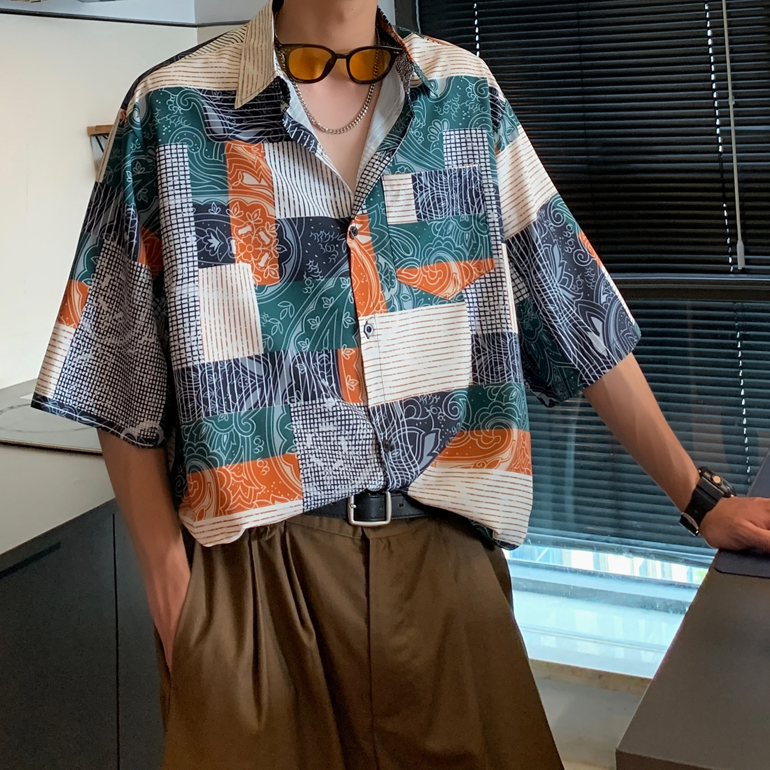 オーバーサイズTシャツ パッチワーク柄開襟半袖シャツ