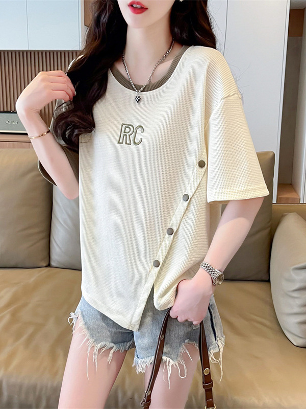 オーバーサイズTシャツ レディースレイヤード風ボタンデザインリブ編み半袖ゆったりトップス