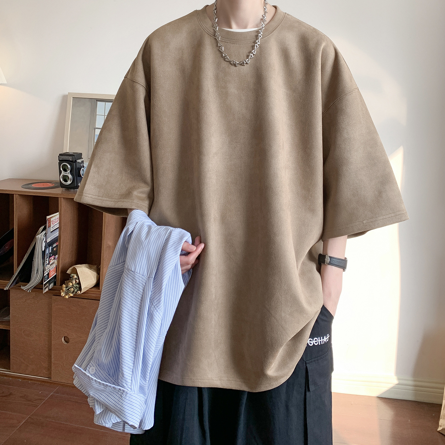 オーバーサイズTシャツ メンズゆったりシルエット 五分袖無地Tシャツ