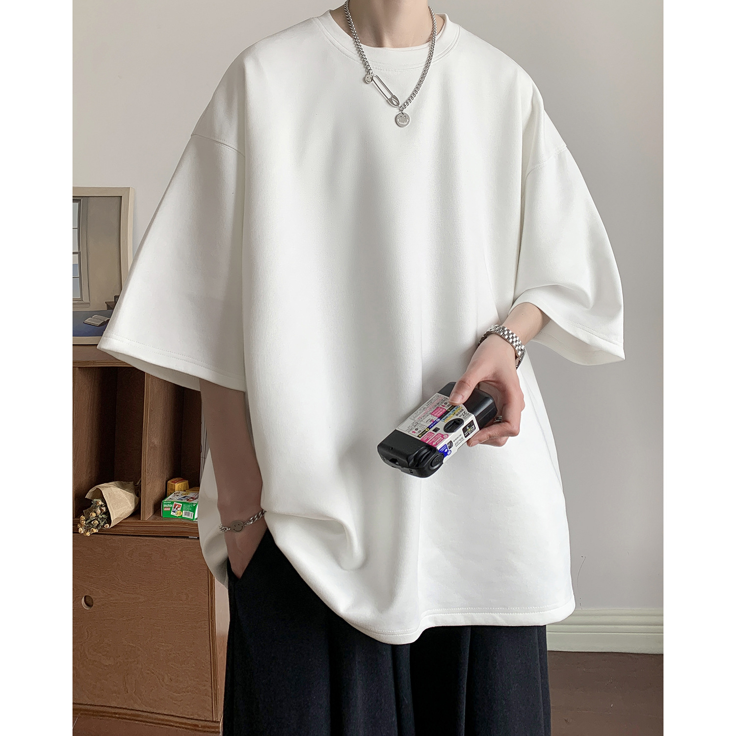 オーバーサイズTシャツ メンズゆったりシルエット 五分袖無地Tシャツ