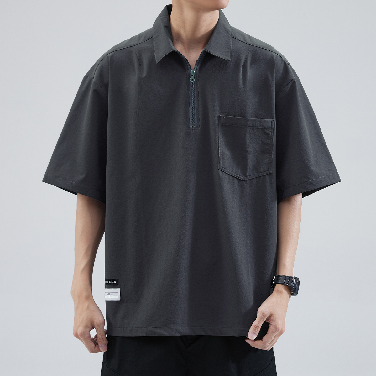 オーバーサイズTシャツ ハーフジップ襟付きポケットシャツ