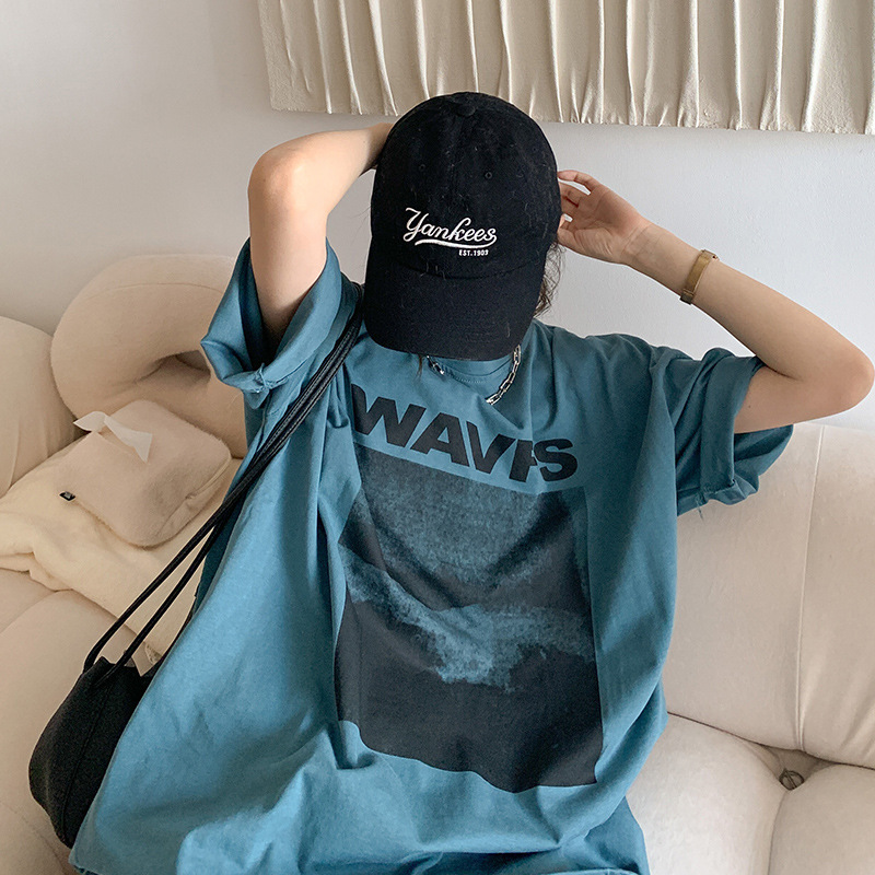オーバーサイズTシャツ 波模様プリントレディースゆったりシルエット半袖