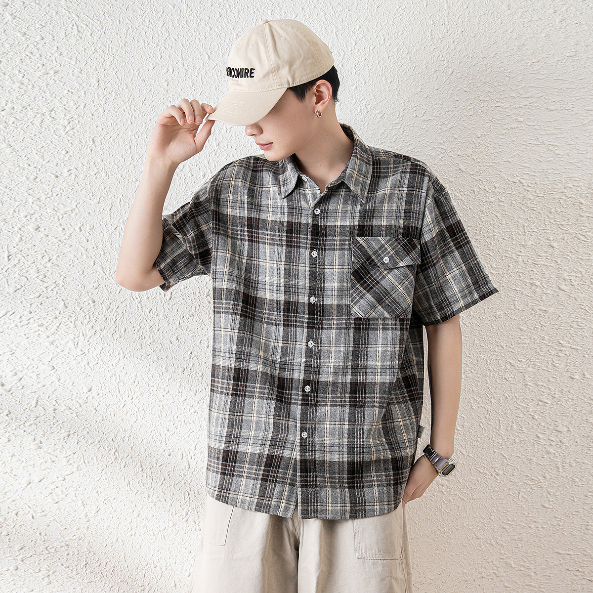 オーバーサイズTシャツ 格子柄ゆったり半袖シャツ