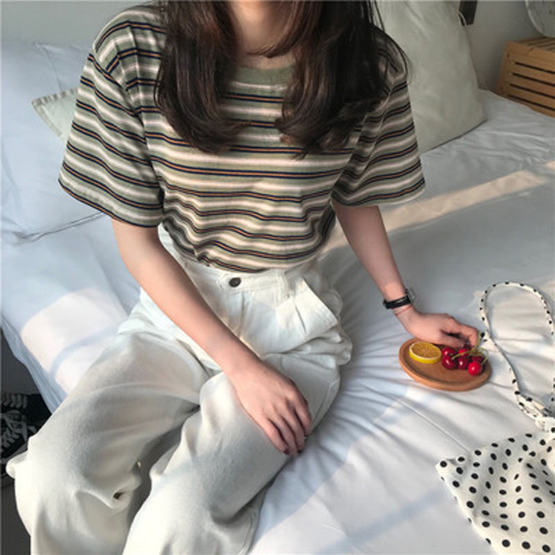 オーバーサイズTシャツ なめらかボーダーゆったり半袖