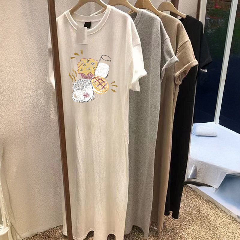 オーバーサイズTシャツ 朝食図案ロングワンピース