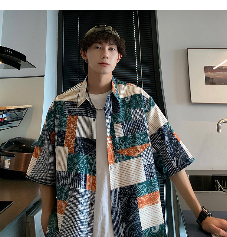 オーバーサイズTシャツ パッチワーク柄開襟半袖シャツ