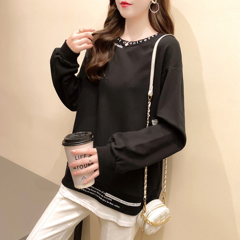 オーバーサイズTシャツ レイヤード風ロゴ刺繍付き重ね着風長袖トップス