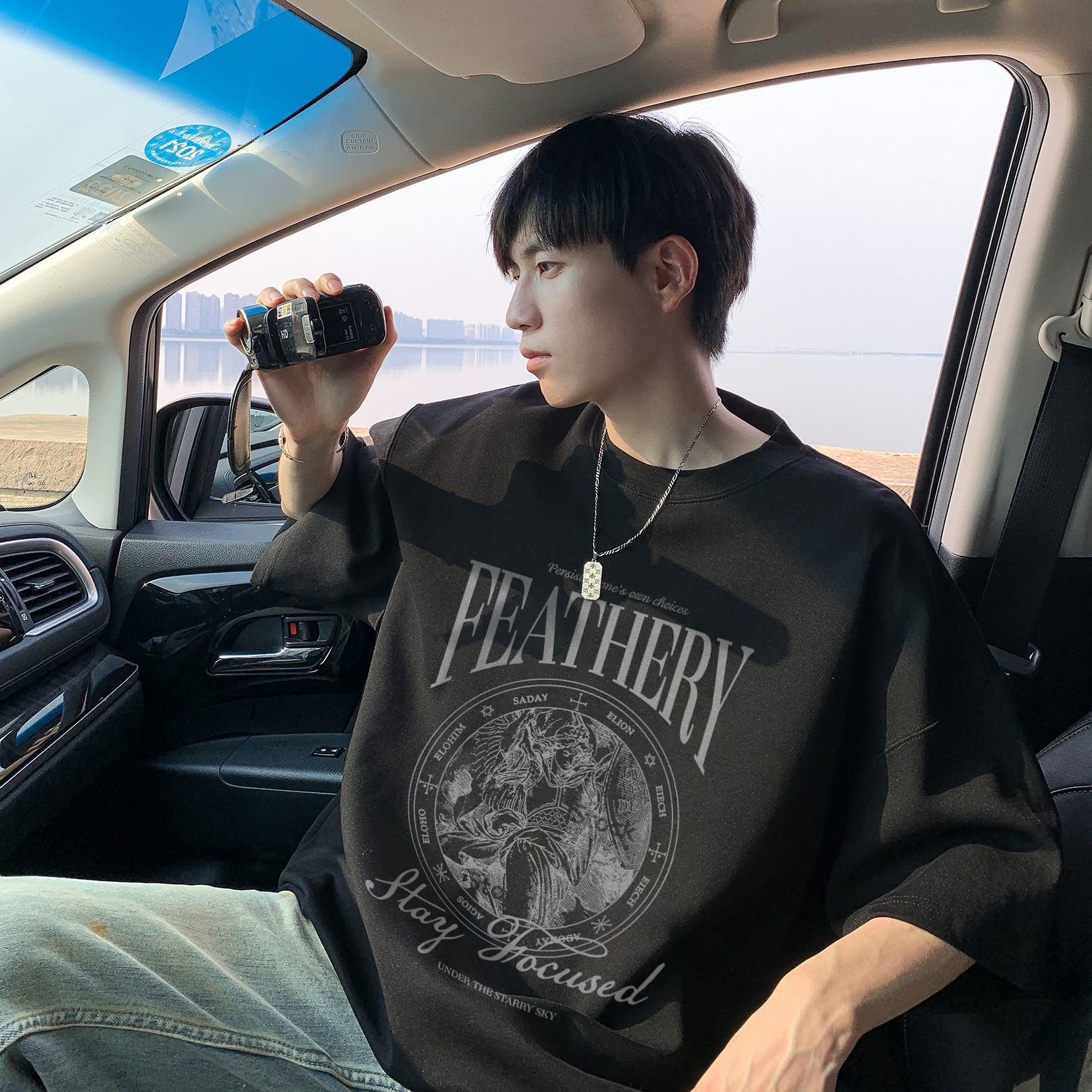 オーバーサイズTシャツ メンズ天使モチーフプリント五分袖ゆったり半袖トップス