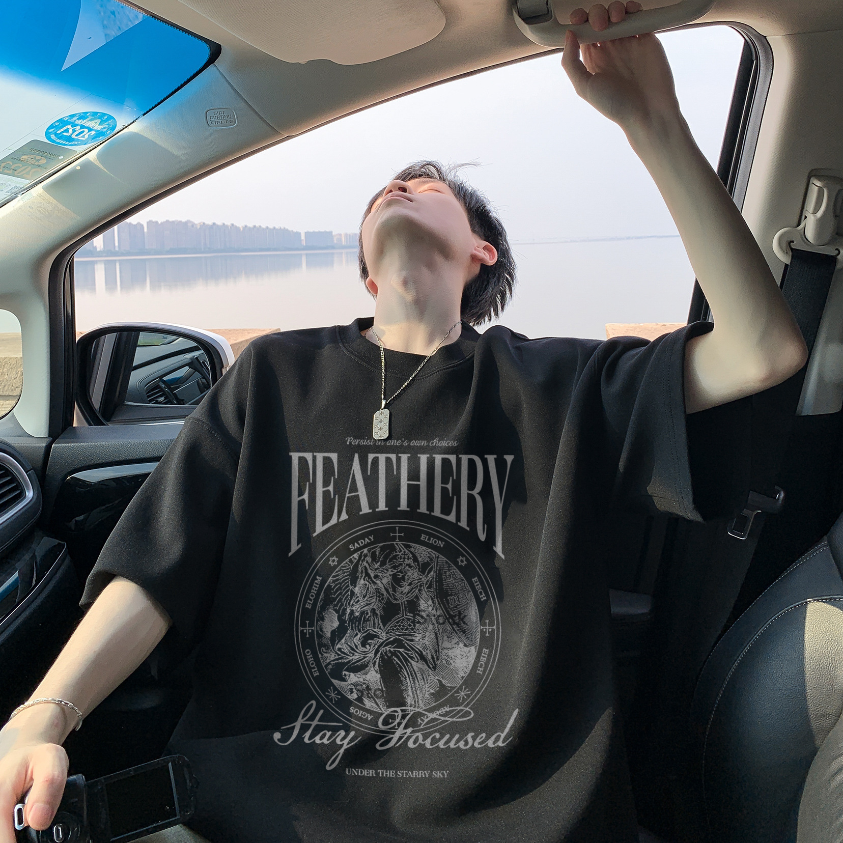 オーバーサイズTシャツ メンズ天使モチーフプリント五分袖ゆったり半袖トップス