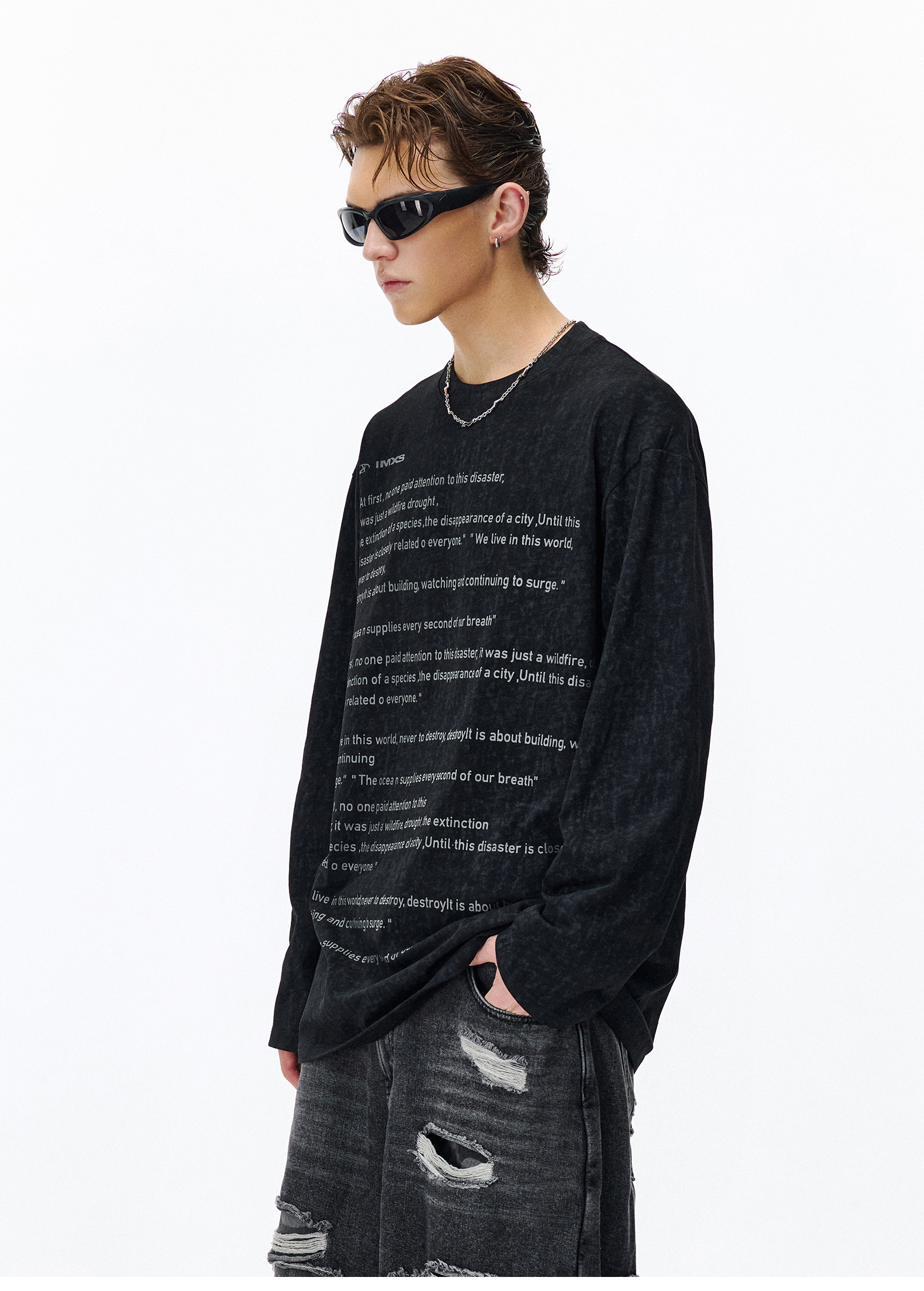 オーバーサイズTシャツ 詩的メッセージプリント長袖ティー
