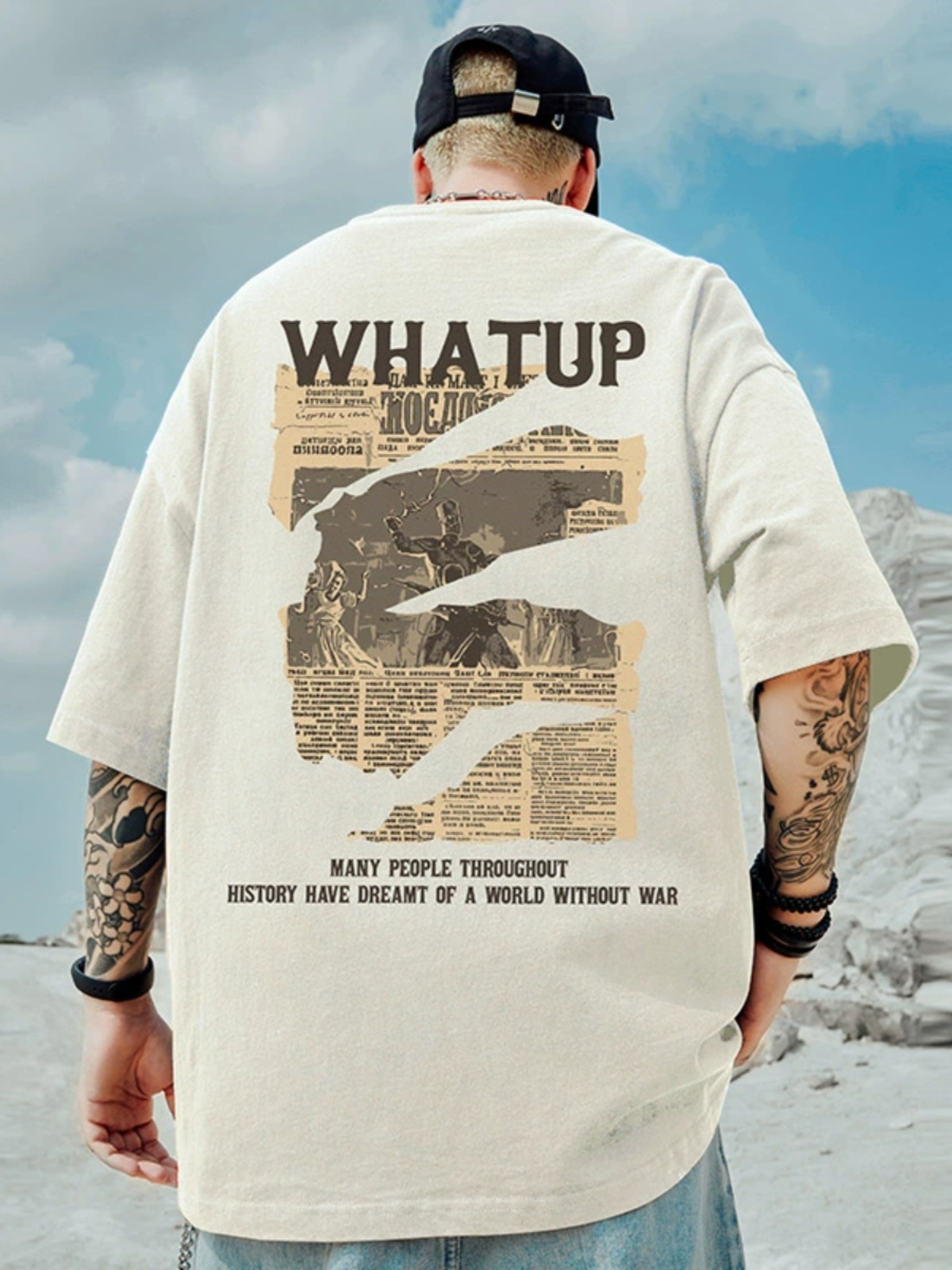 オーバーサイズTシャツ 平和宣言 レトロ新聞プリント Tシャツ